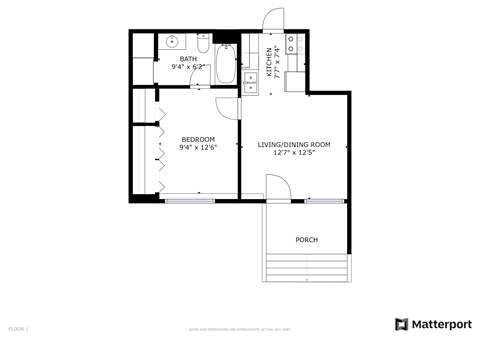 Floor plan for 1 bed, 1 bath, 700 sqft
